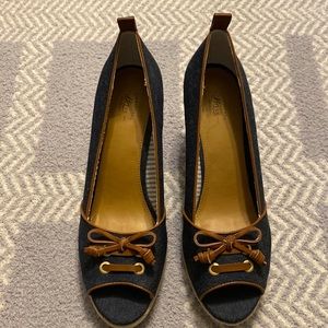 Bass Denim open toe wedges